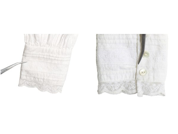 80s USA製 LAURA ASHLEY レース付き バンドカラー 長袖 シャツ レディース M ヴィンテージ コットン ブラウス ドレス パフスリーブ 無地 白