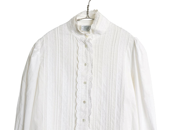 80s USA製 LAURA ASHLEY レース付き バンドカラー 長袖 シャツ レディース M ヴィンテージ コットン ブラウス ドレス パフスリーブ 無地 白