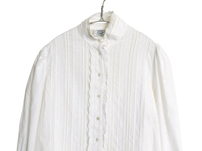 80s USA製 LAURA ASHLEY レース付き バンドカラー 長袖 シャツ レディース M ヴィンテージ コットン ブラウス ドレス パフスリーブ 無地 白