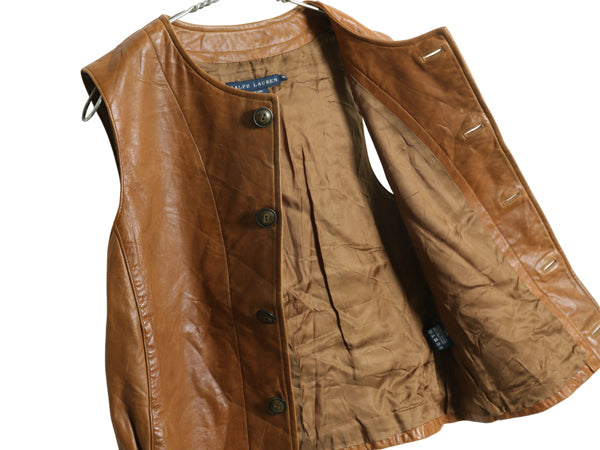 00s ラルフローレン 本革 レザー ベスト レディース M / オールド ポロ イギリス軍 ジャーキン タイプ  ヴィンテージ モデル 重ね着 前開き