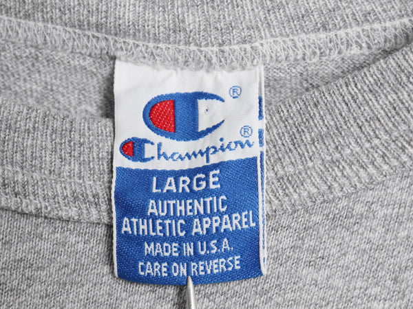 90s USA製 チャンピオン カレッジ プリント 半袖 Tシャツ メンズ L 古着 オールド カットソー クルーネック 目付き シンプル 霜降り グレー
