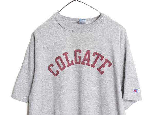 90s USA製 チャンピオン カレッジ プリント 半袖 Tシャツ メンズ L 古着 オールド カットソー クルーネック 目付き シンプル 霜降り グレー