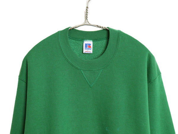 90s USA製 ラッセル 無地 スウェット メンズ レディース L / 古着 オールド トレーナー 前V ワンポイント 裏起毛 クルーネック ブランク 緑
