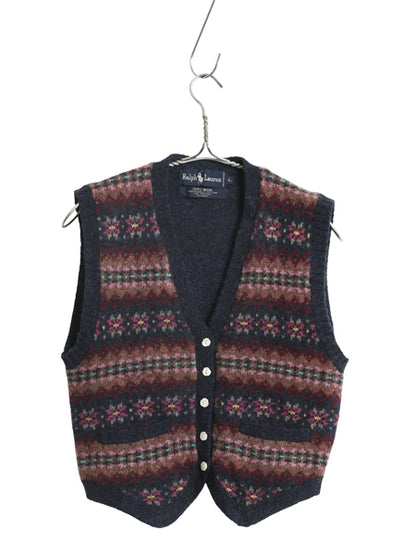 80s ラルフローレン ニット ベスト キッズ L 120cm 程 ヴィンテージ ポロ ウール セーター 前開き 重ね着 フェアアイル マルチカラー 子供