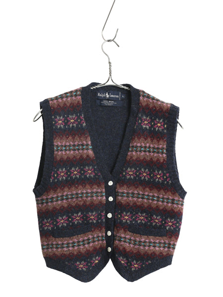80s ラルフローレン ニット ベスト キッズ L 120cm 程 ヴィンテージ ポロ ウール セーター 前開き 重ね着 フェアアイル マルチカラー 子供