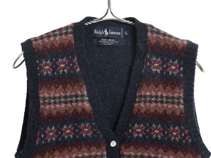 80s ラルフローレン ニット ベスト キッズ L 120cm 程 ヴィンテージ ポロ ウール セーター 前開き 重ね着 フェアアイル マルチカラー 子供