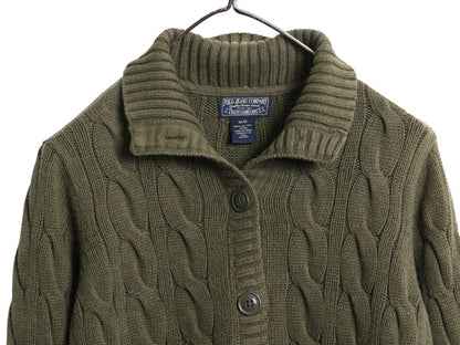 ポロジーンズ ラルフローレン ケーブル ニット カーディガン レディース M / ハイネック セーター 前開き 羽織り きれいめ シンプル カーキ