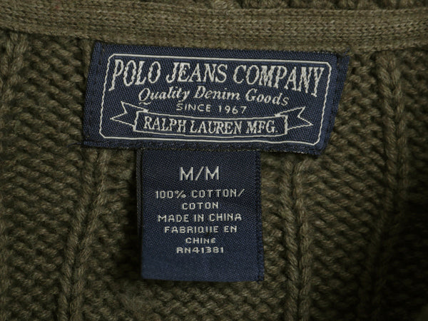 ポロジーンズ ラルフローレン ケーブル ニット カーディガン レディース M / ハイネック セーター 前開き 羽織り きれいめ シンプル カーキ