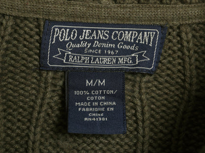 ポロジーンズ ラルフローレン ケーブル ニット カーディガン レディース M / ハイネック セーター 前開き 羽織り きれいめ シンプル カーキ