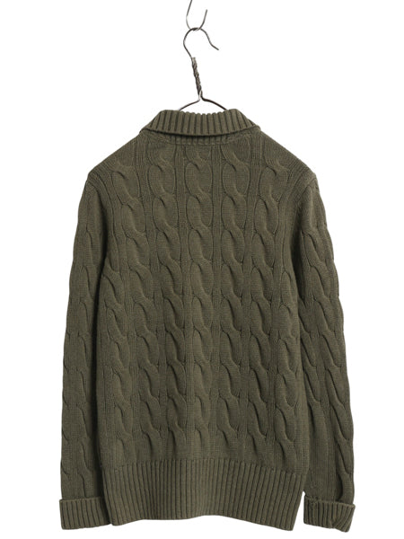 ポロジーンズ ラルフローレン ケーブル ニット カーディガン レディース M / ハイネック セーター 前開き 羽織り きれいめ シンプル カーキ