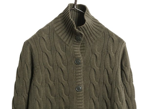 ポロジーンズ ラルフローレン ケーブル ニット カーディガン レディース M / ハイネック セーター 前開き 羽織り きれいめ シンプル カーキ