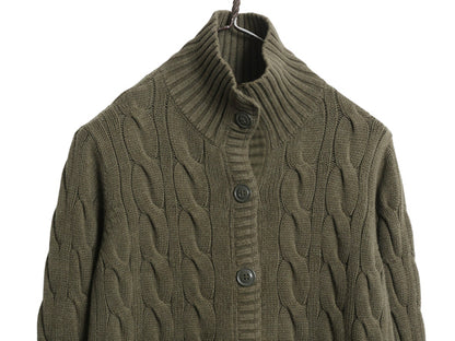 ポロジーンズ ラルフローレン ケーブル ニット カーディガン レディース M / ハイネック セーター 前開き 羽織り きれいめ シンプル カーキ