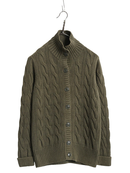 ポロジーンズ ラルフローレン ケーブル ニット カーディガン レディース M / ハイネック セーター 前開き 羽織り きれいめ シンプル カーキ