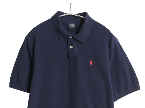00s ポロ ラルフローレン 鹿の子 半袖 ポロシャツ キッズ XL メンズ S 程 古着 オールド ポニー ワンポイント 半袖シャツ 無地 トップス 紺