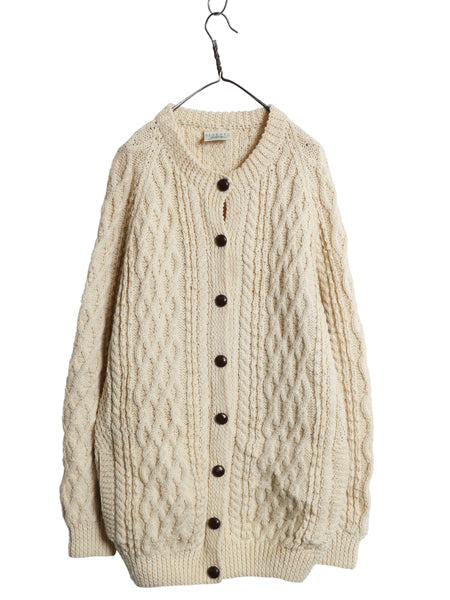 アイルランド製 フィッシャーマン ニット ロング カーディガン レディース XXL ハンドメイド 手編み ウール セーター 前開き 大きいサイズ
