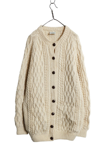 アイルランド製 フィッシャーマン ニット ロング カーディガン レディース XXL ハンドメイド 手編み ウール セーター 前開き 大きいサイズ