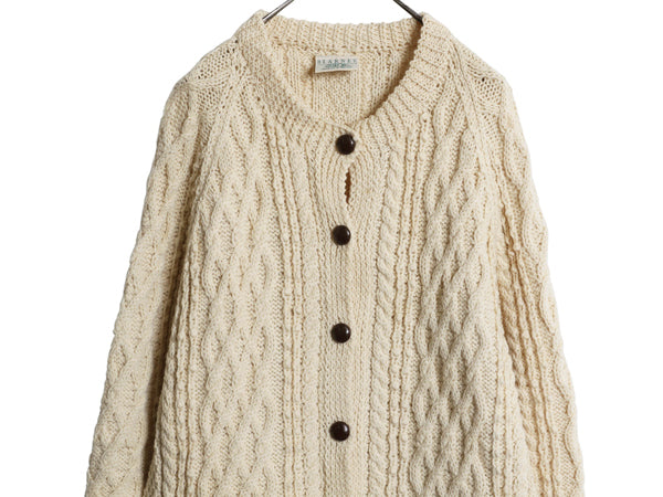 アイルランド製 フィッシャーマン ニット ロング カーディガン レディース XXL ハンドメイド 手編み ウール セーター 前開き 大きいサイズ