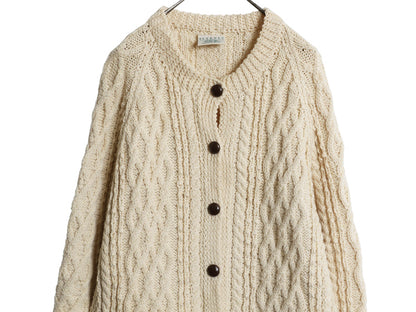 アイルランド製 フィッシャーマン ニット ロング カーディガン レディース XXL ハンドメイド 手編み ウール セーター 前開き 大きいサイズ