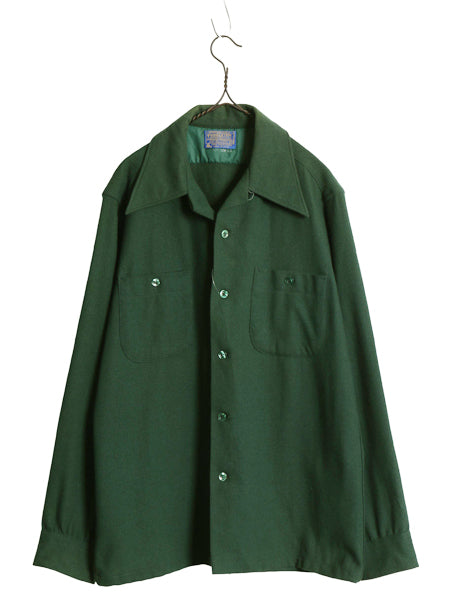70s USA製 ★ ペンドルトン 無地 オープンカラー ウール シャツ メンズ M / 古着 ヴィンテージ 開襟 ループ留め ボックス ボード グリーン