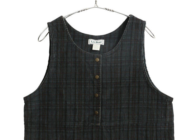 90s USA製 エルエルビーン 細畝 コーデュロイ ジャンパー スカート レディース M 古着 オールド チェック ひざ丈 ワンピース プルオーバー