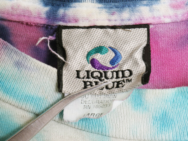 90s USA製 ★ グレイトフルデッド イラスト プリント タイダイ 長袖 Tシャツ メンズ L リキッドブルー ロンT バンド ロック スカル ローズ