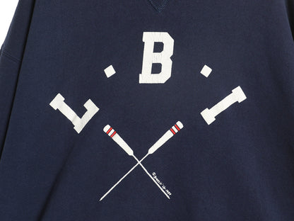 80s USA製 ラッセル 2段 プリント スウェット メンズ レディース L / ヴィンテージ トレーナー 前V 裏起毛 クルーネック ワンポイント 紺