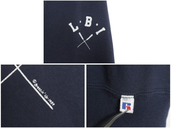 80s USA製 ラッセル 2段 プリント スウェット メンズ レディース L / ヴィンテージ トレーナー 前V 裏起毛 クルーネック ワンポイント 紺