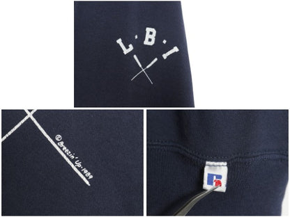 80s USA製 ラッセル 2段 プリント スウェット メンズ レディース L / ヴィンテージ トレーナー 前V 裏起毛 クルーネック ワンポイント 紺