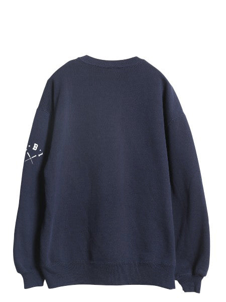 80s USA製 ラッセル 2段 プリント スウェット メンズ レディース L / ヴィンテージ トレーナー 前V 裏起毛 クルーネック ワンポイント 紺