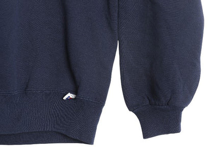 80s USA製 ラッセル 2段 プリント スウェット メンズ レディース L / ヴィンテージ トレーナー 前V 裏起毛 クルーネック ワンポイント 紺