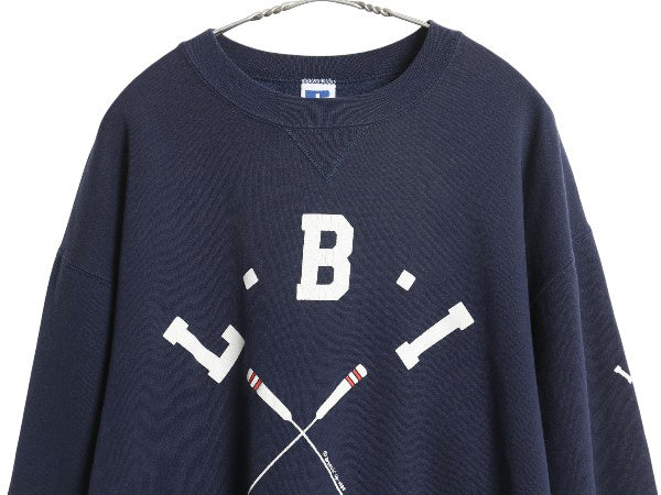 80s USA製 ラッセル 2段 プリント スウェット メンズ レディース L / ヴィンテージ トレーナー 前V 裏起毛 クルーネック ワンポイント 紺