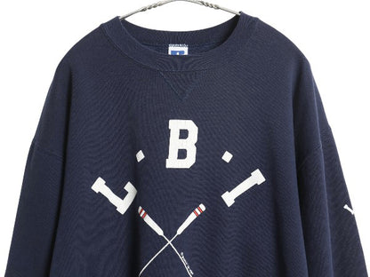 80s USA製 ラッセル 2段 プリント スウェット メンズ レディース L / ヴィンテージ トレーナー 前V 裏起毛 クルーネック ワンポイント 紺