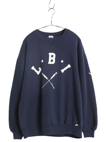 80s USA製 ラッセル 2段 プリント スウェット メンズ レディース L / ヴィンテージ トレーナー 前V 裏起毛 クルーネック ワンポイント 紺