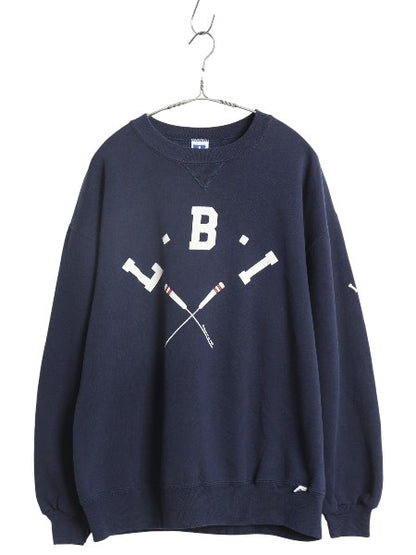 80s USA製 ラッセル 2段 プリント スウェット メンズ レディース L / ヴィンテージ トレーナー 前V 裏起毛 クルーネック ワンポイント 紺