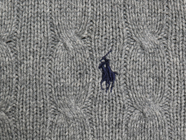 90s ポロ ラルフローレン ケーブル ニット セーター メンズ XL オールド 高級 100% シルク ワンポイント ポニー刺繍 大きいサイズ グレー 
