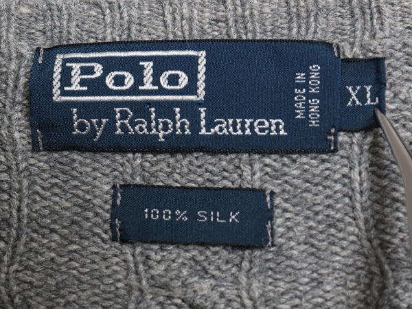 90s ポロ ラルフローレン ケーブル ニット セーター メンズ XL オールド 高級 100% シルク ワンポイント ポニー刺繍 大きいサイズ グレー 