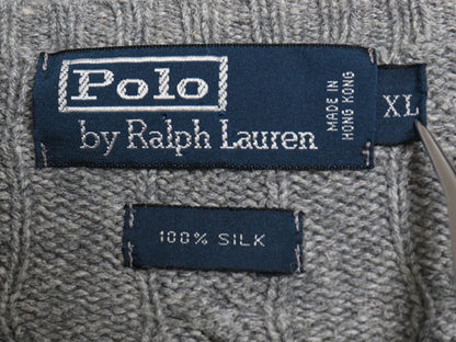 90s ポロ ラルフローレン ケーブル ニット セーター メンズ XL オールド 高級 100% シルク ワンポイント ポニー刺繍 大きいサイズ グレー 