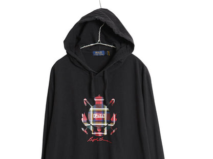 ポロ ラルフローレン フード付き プリント 長袖 Tシャツ メンズ XL ロンT フード パーカー プルオーバー カットソー 大きいサイズ ブラック