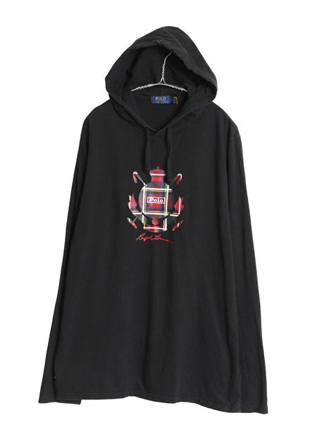 ポロ ラルフローレン フード付き プリント 長袖 Tシャツ メンズ XL ロンT フード パーカー プルオーバー カットソー 大きいサイズ ブラック