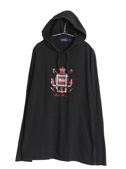 ポロ ラルフローレン フード付き プリント 長袖 Tシャツ メンズ XL ロンT フード パーカー プルオーバー カットソー 大きいサイズ ブラック