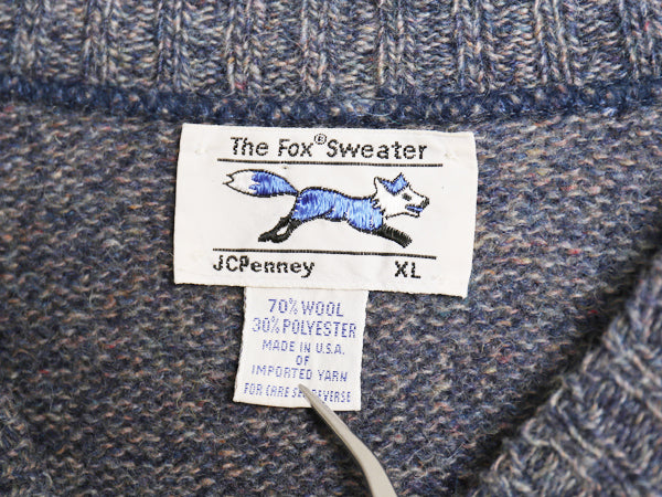 80s USA製 JCペニー フォックス ウール ニット セーター メンズ XL / 古着 ヴィンテージ リブ編み クルーネック 大きいサイズ 無地 ブルー