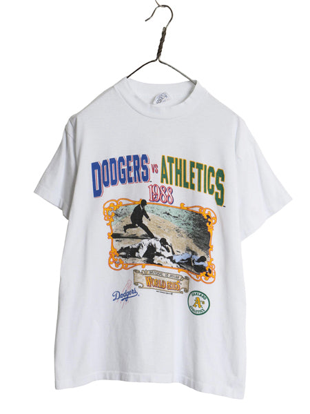 80s USA製 ドジャース アスレチックス イラスト プリント Tシャツ メンズ L 小さめ M ヴィンテージ 当時物 MLB 大リーグ シングルステッチ