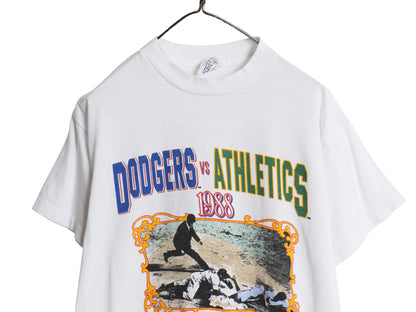 80s USA製 ドジャース アスレチックス イラスト プリント Tシャツ メンズ L 小さめ M ヴィンテージ 当時物 MLB 大リーグ シングルステッチ