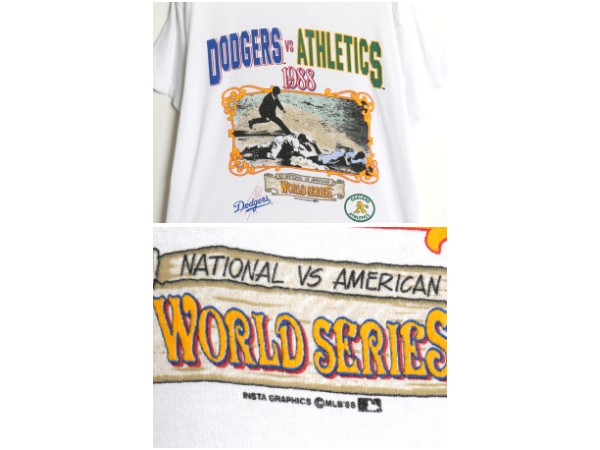 80s USA製 ドジャース アスレチックス イラスト プリント Tシャツ メンズ L 小さめ M ヴィンテージ 当時物 MLB 大リーグ シングルステッチ
