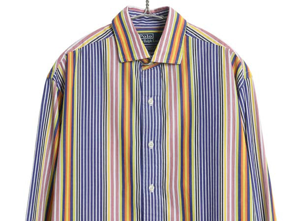  90s ポロ ラルフローレン ストライプ 長袖 シャツ メンズ M 古着 オールド コットン マルチカラー カジュアル ゆったり ワイシャツ 薄手
