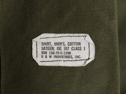 70s 米軍実物 US ARMY コットン サテン ユーティリティ シャツ M / ヴィンテージ 70年製 OG107 シャツ袖 3rd ミリタリー 軍物 ワッペン付き
