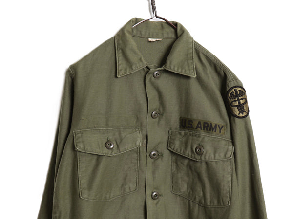 70s 米軍実物 US ARMY コットン サテン ユーティリティ シャツ M / ヴィンテージ 70年製 OG107 シャツ袖 3rd ミリタリー 軍物 ワッペン付き