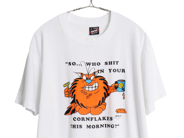 80s USA製 ジョーク キャラクター イラスト プリント Tシャツ メンズ L / 古着 ヴィンテージ グラフィック メッセージ シングルステッチ 白