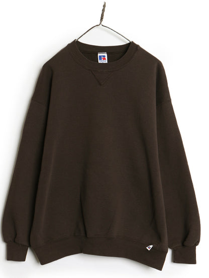90s USA製 ラッセル 無地 スウェット メンズ レディース XL オールド トレーナー 前V 裏起毛 大きいサイズ ワンポイント ブランク ブラウン