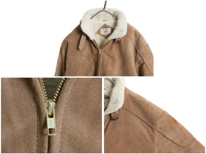 90s JCペニー フォックス 本革 スウェード レザー ジャケット メンズ M オールド 革ジャン 裏 ボア パイル フリース ブルゾン ボンバー 茶